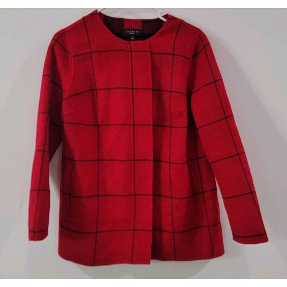 Talbots Womens Wool Blend Jacket Size 4 Petite Red Black Plaid Zip Up‎ Twee